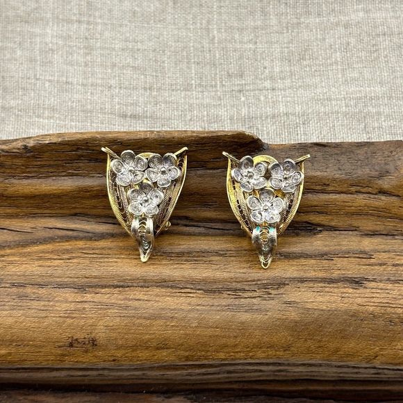 Vintage Vermeil Filigree Flowers Clip On Earrings Silver Gold Cannetille 7/8" L - Picture 14 of 15